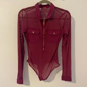 Guess Burgundy Sheer Long Sleeve Bodysuit